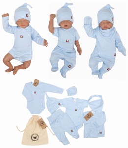 Wyprawka gładka niebieska. Kompletna wyprawka.  Bawełniana wyprawka. Wyprawka do szpitala. Zestaw dla noworodka. Wyprawka na prezent. Wyprawka dla noworodka.
Unikalny komplet.