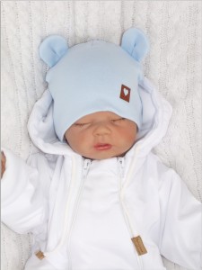 Niebieska czapka podwójna, elastyczna dla niemowlaka. Bawełniana czapeczka na wiosnę, lato, jesień dla noworodka. Czapeczka na wyjście ze szpitala dla chłopczyka.