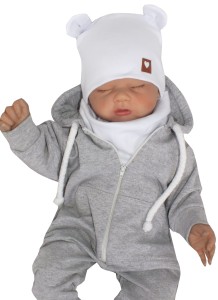 Podwójna czapka z uszkami w komplecie z kominem dla noworodka. Biały komplet dla niemowlaka. Czapka na wiosnę, lato, jesień dla noworodka.