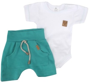 Biało-zielony komplet na lato dla niemowlaka. Body, spodenki na lato dla noworodka. Niemowlęcy, bawełniany zestaw na lato.