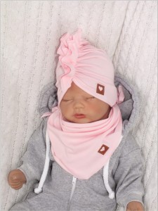 Czapka Turban niemowlęcy, czapka turban dla noworodka wiosenna, letnia. Bawełniany turban z apaszką dla niemowlaka. Czapka dla dziewczynki różowa na lato, wiosnę.