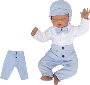 Eleganckie niebieskie spodnie niemowlęce. Spodnie dla chłopca do chrztu.