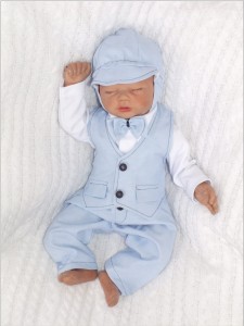 Eleganckie niebieskie spodnie niemowlęce. Spodnie dla chłopca do chrztu.