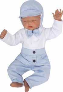 Eleganckie niebieskie spodnie niemowlęce. Spodnie dla chłopca do chrztu.