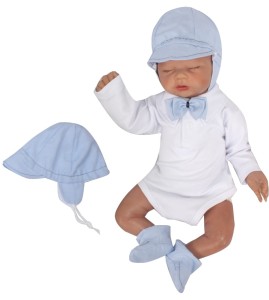 Elegancki niebieski kaszkiet wiązany niemowlęcy. Czapka dla chłopca do chrztu. Elegancka czapka  wiązana dla niemowlaka.