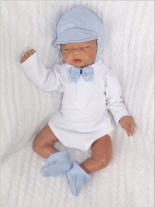 Elegancki niebieski kaszkiet wiązany niemowlęcy. Czapka dla chłopca do chrztu. Elegancka czapka  wiązana dla niemowlaka.