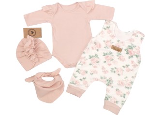 Komplet w kwiaty dla niemowląt. Spodnie na szelkach w kwiaty w zestawie dla dziewczynki. Prezent dla noworodka dla dziewczynki.