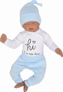 Komplet niemowlęcy niebieski. Komplet body, spodnie i czapka dla noworodka.  Bawełniany zestaw na wyjście ze szpitala. Wyprawka dla niemowlaka.