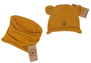 Komplet włóczkowy dla niemowląt, dzieci. Musztardowy komplet włóczkowy dla dzieci. Czapka z uszkami + tuba dla noworodka.  Komplet wiosna, jesień dla niemowląt.