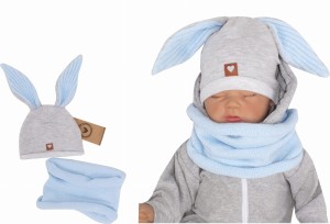 Czapka dresowa z uszami królika dla niemowlaka. Unikalna czapka dla noworodka szaro-niebieska. Całoroczna czapeczka dla niemowląt. Komplet czapka+tuba dla noworodka.
