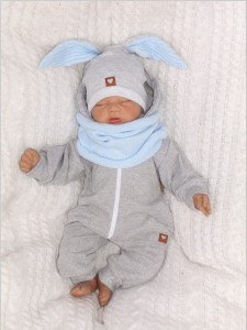 Czapka dresowa z uszami królika dla niemowlaka. Unikalna czapka dla noworodka szaro-niebieska. Całoroczna czapeczka dla niemowląt. Komplet czapka+tuba dla noworodka.