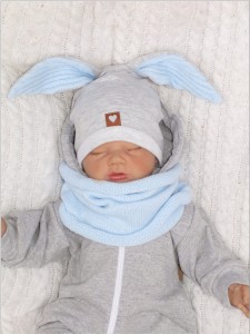 Czapka dresowa z uszami królika dla niemowlaka. Unikalna czapka dla noworodka szaro-niebieska. Całoroczna czapeczka dla niemowląt. Komplet czapka+tuba dla noworodka.