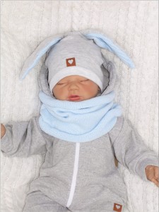 Czapka dresowa z uszami królika dla niemowlaka. Unikalna czapka dla noworodka szaro-niebieska. Całoroczna czapeczka dla niemowląt. Komplet czapka+tuba dla noworodka.
