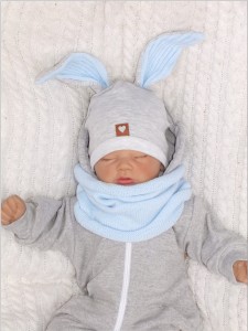 Czapka dresowa z uszami królika dla niemowlaka. Unikalna czapka dla noworodka szaro-niebieska. Całoroczna czapeczka dla niemowląt. Komplet czapka+tuba dla noworodka.
