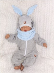 Czapka dresowa z uszami królika dla niemowlaka. Unikalna czapka dla noworodka szaro-niebieska. Całoroczna czapeczka dla niemowląt. Komplet czapka+tuba dla noworodka.