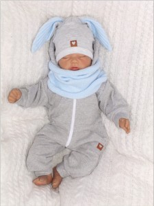 Czapka dresowa z uszami królika dla niemowlaka. Unikalna czapka dla noworodka szaro-niebieska. Całoroczna czapeczka dla niemowląt. Komplet czapka+tuba dla noworodka.