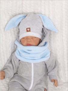 Czapka dresowa z uszami królika dla niemowlaka. Unikalna czapka dla noworodka szaro-niebieska. Całoroczna czapeczka dla niemowląt. Komplet czapka+tuba dla noworodka.