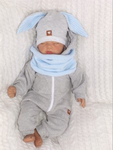 Czapka dresowa z uszami królika dla niemowlaka. Unikalna czapka dla noworodka szaro-niebieska. Całoroczna czapeczka dla niemowląt. Komplet czapka+tuba dla noworodka.