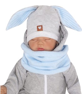 Czapka dresowa z uszami królika dla niemowlaka. Unikalna czapka dla noworodka szaro-niebieska. Całoroczna czapeczka dla niemowląt. Komplet czapka+tuba dla noworodka.