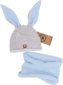 Czapka dresowa z uszami królika dla niemowlaka. Unikalna czapka dla noworodka szaro-niebieska. Całoroczna czapeczka dla niemowląt. Komplet czapka+tuba dla noworodka.