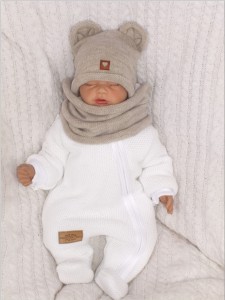 Komplet włóczkowy dla niemowląt, dzieci. Beżowy komplet włóczkowy dla dzieci. Czapka z uszkami + tuba dla noworodka.  Komplet wiosna, jesień dla niemowląt.