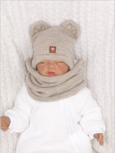 Komplet włóczkowy dla niemowląt, dzieci. Beżowy komplet włóczkowy dla dzieci. Czapka z uszkami + tuba dla noworodka.  Komplet wiosna, jesień dla niemowląt.
