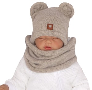 Komplet włóczkowy dla niemowląt, dzieci. Beżowy komplet włóczkowy dla dzieci. Czapka z uszkami + tuba dla noworodka.  Komplet wiosna, jesień dla niemowląt.