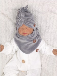 Czapka Turban niemowlęcy, czapka turban dla noworodka na jesienna, wiosenna. Welurowy turban z apaszką dla niemowlaka. Czapka dla dziewczynki  szara, grafitowa na wiosnę, jesień, ciepłą zimę