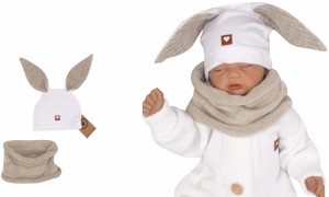 Czapka dresowa z uszami królika dla niemowlaka. Unikalna czapka dla noworodka biało-beżowa. Całoroczna czapeczka dla niemowląt. Komplet czapka+tuba dla noworodka.