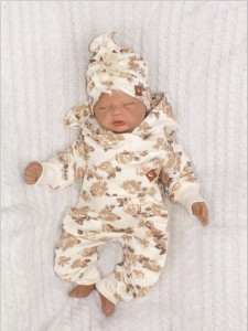 Dresowy bawełniany wiosenny, letni, jesienny kombinezon niemowlęcy. Pajac dla niemowlaka beżowo-czekoladowy  Dres dla noworodka, dziewczynki w kwiaty