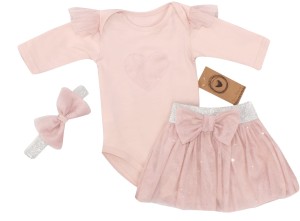 Bawełniany różowy komplet dla dziewczynki z tiulową spódniczką. Idealny zestaw na prezent dla dziewczynki. Zestaw z  kokardą dla dziewczynki.