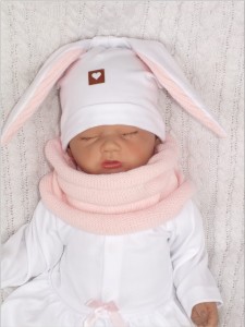 Czapka dresowa z uszami królika dla niemowlaka. Unikalna czapka dla noworodka biało-różowa. Całoroczna czapeczka dla niemowląt. Komplet czapka+tuba dla noworodka.