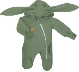 Dresowy bawełniany wiosenny, letni, jesienny kombinezon niemowlęcy z uszami królika. Pajac dla niemowlaka zielony khaki .  Dres dla noworodka