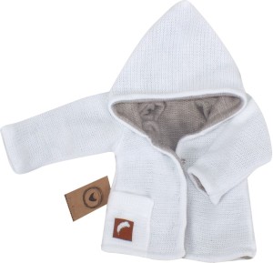 Unikalna, ciepła dwustronna kurtka z kieszonką. Biało-beżowy ciepły płaszczyk niemowlęcy. Dziergana kurteczka idealna na zimę dla noworodka. Płaszczyk na chrzest. Oryginalny prezent dla noworodka.