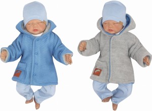 Unikalna, ciepła dwustronna kurtka z kieszonką. Jeansowo-szary ciepły płaszczyk niemowlęcy. Dziergana kurteczka idealna na zimę dla noworodka. Płaszczyk na chrzest. Oryginalny prezent dla noworodka.