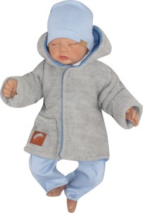 Unikalna, ciepła dwustronna kurtka z kieszonką. Jeansowo-szary ciepły płaszczyk niemowlęcy. Dziergana kurteczka idealna na zimę dla noworodka. Płaszczyk na chrzest. Oryginalny prezent dla noworodka.