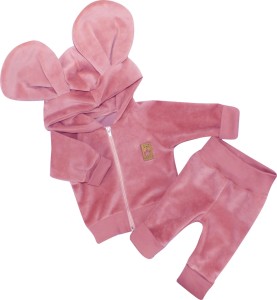 Welurowy dres niemowlęcy. Komplet welurowy dla niemowlaka. Różowy, brudny różowy dres dziecięcy. Prezent dla noworodka, niemowlaka. Modny dresik. Bluza z kapturem  z uszami na zamek, spodnie welurowe