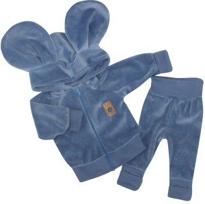 Welurowy dres niemowlęcy. Komplet welurowy dla niemowlaka. Granatowy, jeansowy dres dziecięcy. Prezent dla noworodka, niemowlaka. Modny dresik. Bluza z kapturem  z uszami na zamek, spodnie welurowe