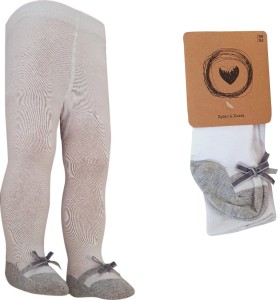 Białe rajstopy niemowlęce z imitacją bucika i kokardką pięknie wyglądają na maluszku .Śliczne do sukieneczki dla dziewczynki biało szare