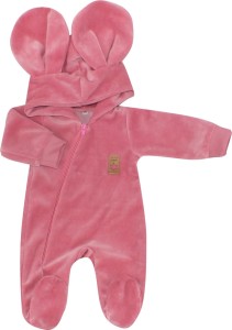 Różowy pajacyk welurowy dla niemowlaka. Welurowy ciepły kombinezon dla noworodka z uszami. Pajac na wiosnę, jesień