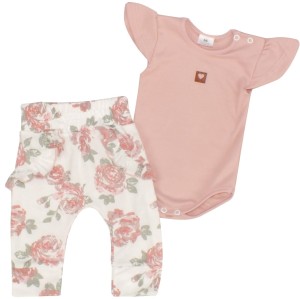 Komplet dla dziewczynki:  body z krótkim rękawkiem, spodnie z falbankami. Bawełniany komplet na wiosnę, lato, jesień. Funkcjonalny zestaw niemowlęcy różowy w kwiaty.