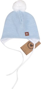 Włóczkowa czapka dla niemowlaka. Czapeczka z pomponem dla noworodka. Wiązana czapka dla malucha wiosna, jesień, zima.