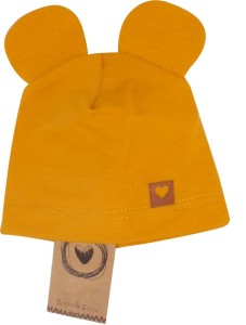 Musztardowa, przewiewna czapka z uszkami  dla niemowląt. Czapka na wyjście ze szpitala dla noworodka. Bawełniana czapka dla noworodka.