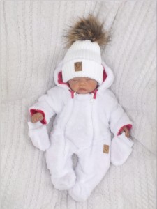 Dwustronny kombinezon zimowy ocieplany z rękawiczkami malinowo -biały