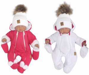 Dwustronny kombinezon zimowy ocieplany z rękawiczkami malinowo -biały