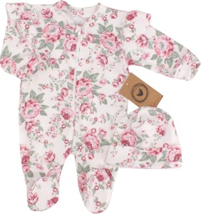 Pajacyk rozpinany na zamek + czapka zestaw2 częściowy w róże