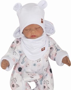 Bawełniany komplet czapka wiązana z uszkami +apaszka biała