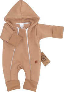 Kombinezon pajacyk z kapturem z ocieplanej dresówki  dla niemowlaka beżowy