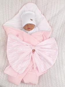Ciepły mięciutki rożek becik welurowy +piękna kokarda różowy do chrztu dla niemowlaka