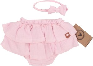 Muślinowy komplet na lato dla dziewczynki. Muślinowe bloomersy dla niemowlaka. Różowe bloomersy na lato dla dziewczynki.